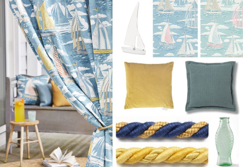 cortina estampada en tonos azules y amarillos de la colección Port Isaac de Sanderson / Cojines de Voyage y Gancedo / Pasamanería de Galón