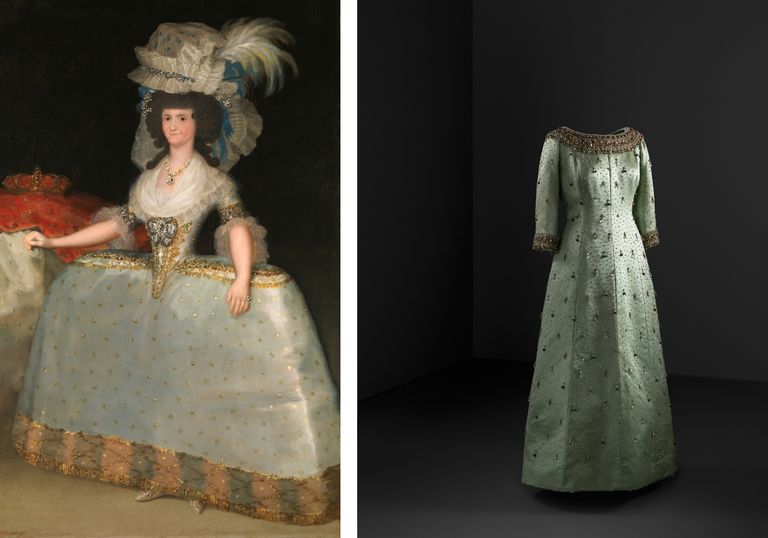imagen de la reina maria luisa de Goya junto a imagen de vestido de noche del museo del traje