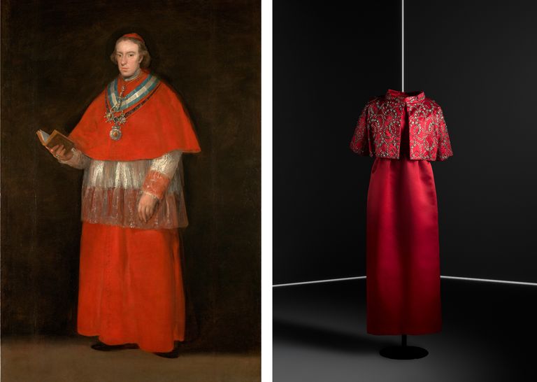 cardenal don luis maria de borbon de goya junto al conjunto de vestido y chaqueta en tono burdeos del museo del traje