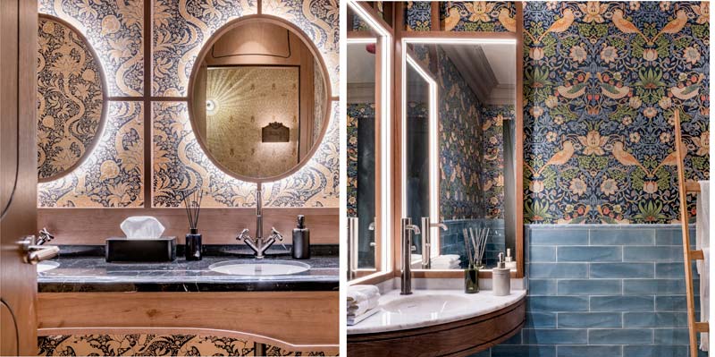 collage de imágenes de fotos del baño con papel pintado de flores de William Morris en el hotel Santa Clara
