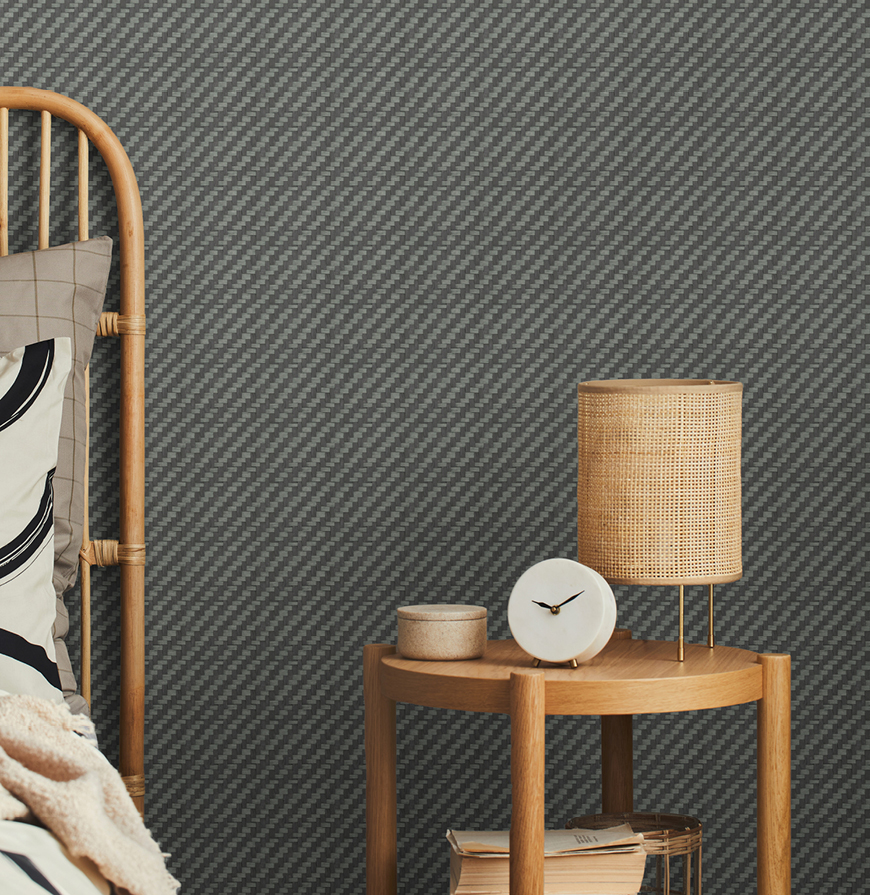 detallle de pared entelada con tejido de fibra natural y sostenible en tono gris